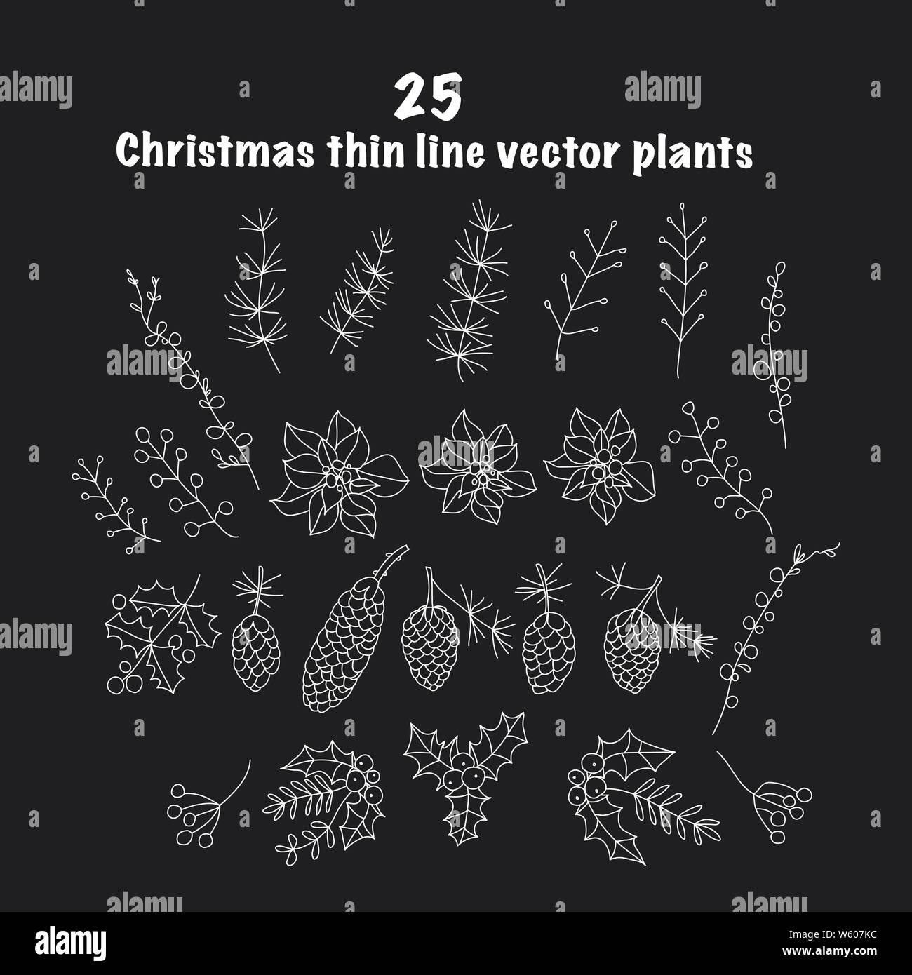 Set of 25 Christmas botanical symbols. Thin line vector icons. Xmas ...