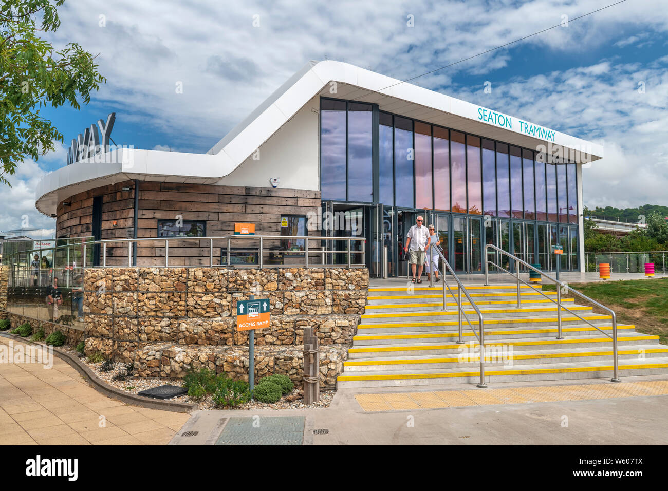 Situated in the South East Devon seaside town of Seaton, the new building for Seaton Tramway, opened in 2018, offers a small gift shop, a cafe and inf Stock Photo
