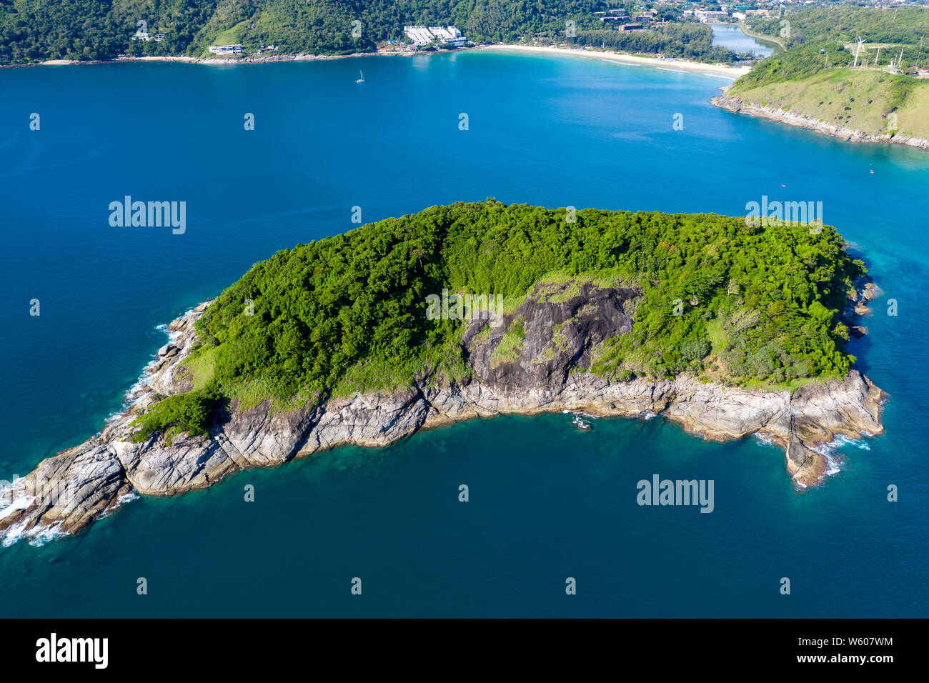 Aerial drone view of the beautiful Promthep Cape overlooking the Andaman Sea from Phuket island Stock Photo