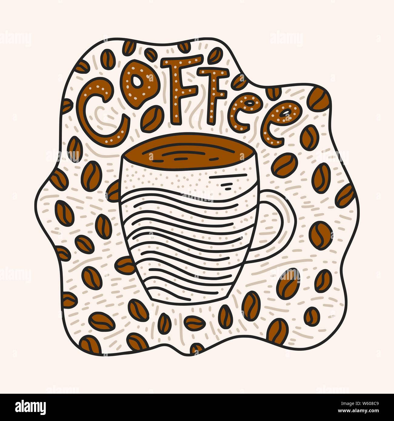 Doodle Coffee Cup Vector Illustration. Hand drawn cute color coffee