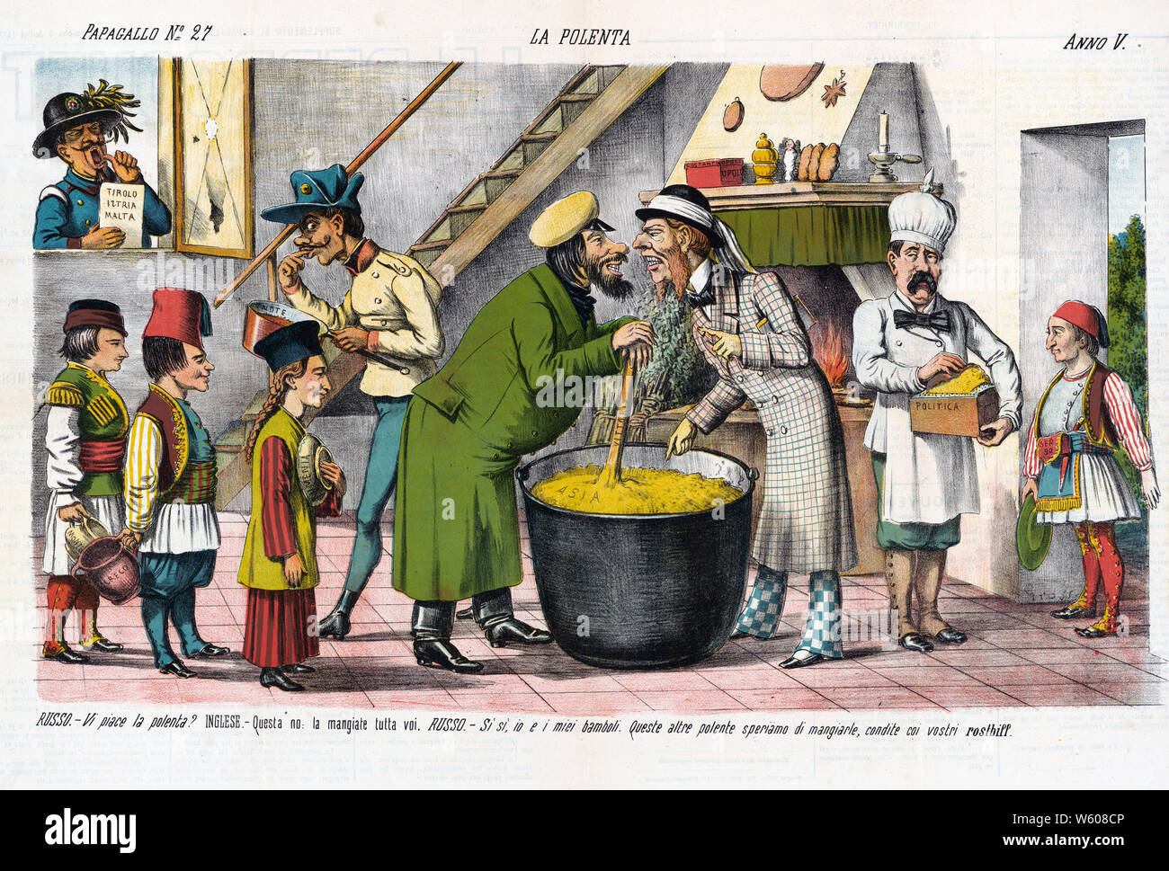 Italian political cartoon shows an interior view of a kitchen with 