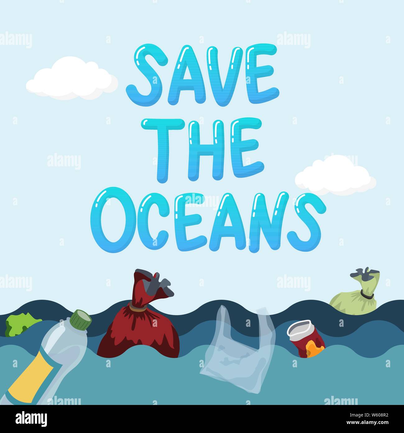 plastic pollution in ocean environmental problem concept. garbage from plastic bag and bottle floating in the ocean, waste water. text save the oceans Stock Vector