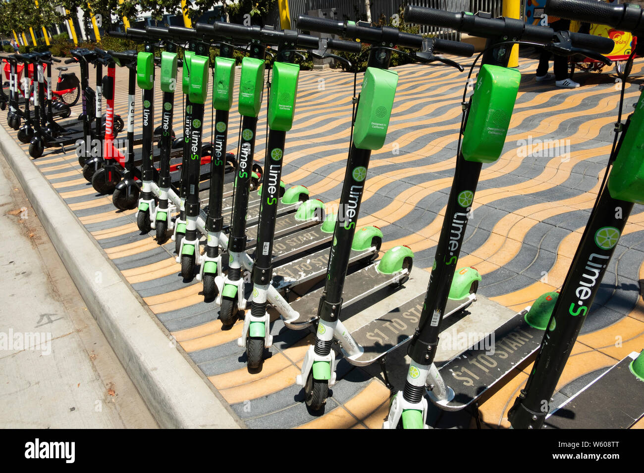Lime electric scooters waiting to be used. Santa Monica, Los Angeles