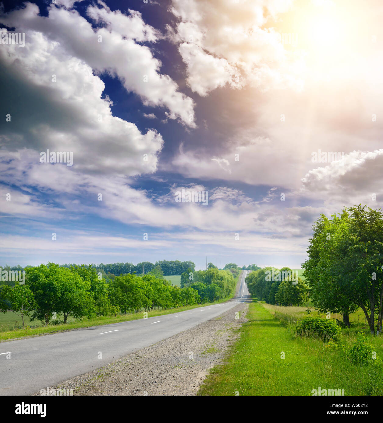 Asphalt road in countryside through green fields, bright blue sky with shining sun Stock Photo