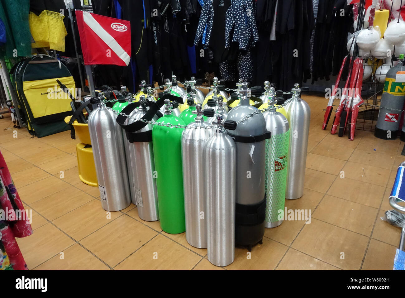 Vero Beach,FL/USA7/3/19 Brightly colored new Scuba tanks lined up at