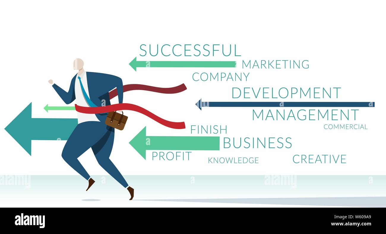 businessman running to finish line with keyword of success business components. business with success management concept Stock Vector