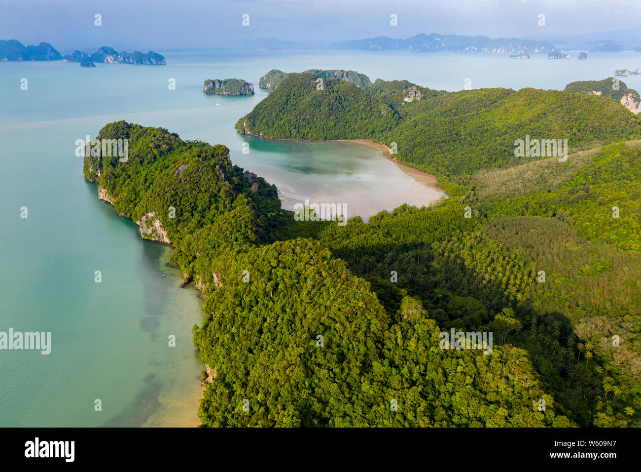 Aerial drone view of the rugged, beautiful island of Koh Yao Noi in the Phang Nga bay area of