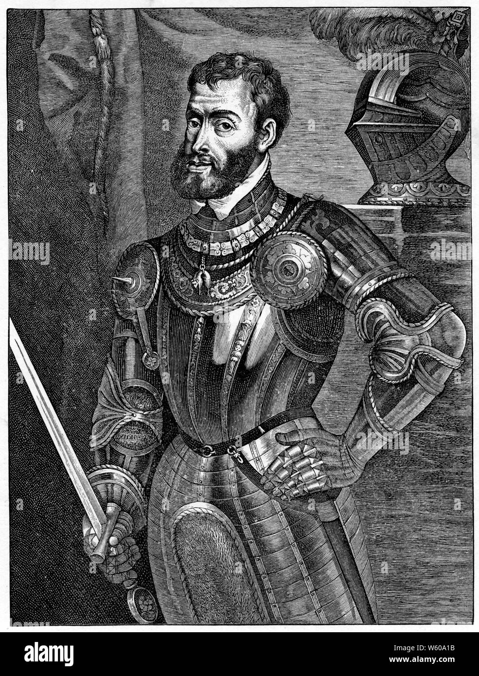 Charles V. After Titian (c1488-1576). Charles V (1500-1558), Holy Roman Emperor and Archduke of Austria from 1519 to 1556, King of Spain (Castile and Aragon) from 1516 to 1556, and Lord of the Netherlands as titular Duke of Burgundy from 1506 to 1555. Stock Photo