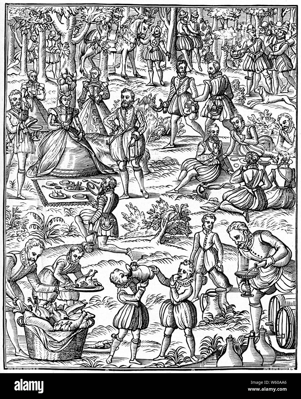 A Royal Picnic, 1575. Queen Elizabeth I picnics with a royal hunting party. Woodcut from Turbervile's Booke of Hunting by George Turberville (c1540-c1597), 1575. Stock Photo