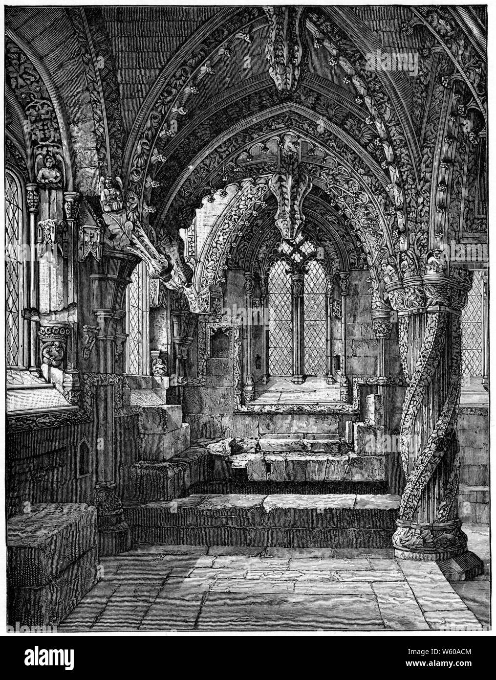 South East corner of the Lady Chapel, Rosslyn Chapel, Midlothian, Scotland, c1900. Rosslyn Chapel, formerly known as the Collegiate Chapel of St Matthew, is a 15th-century chapel located in the village of Roslin, Midlothian, Scotland. Stock Photo