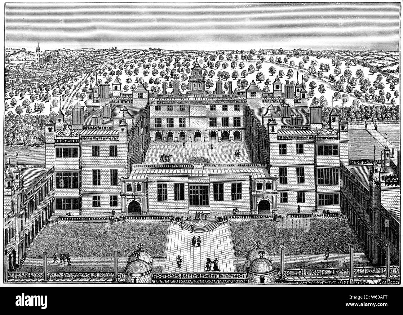 ‘General Prospect of the Royal Palace of Auydlyene’, c1676. By Henry Winstanley (1644-1703). Audley End House is a largely early 17th-century country house near Saffron Walden, Essex, England. It is one of the finest Jacobean houses in England. Stock Photo