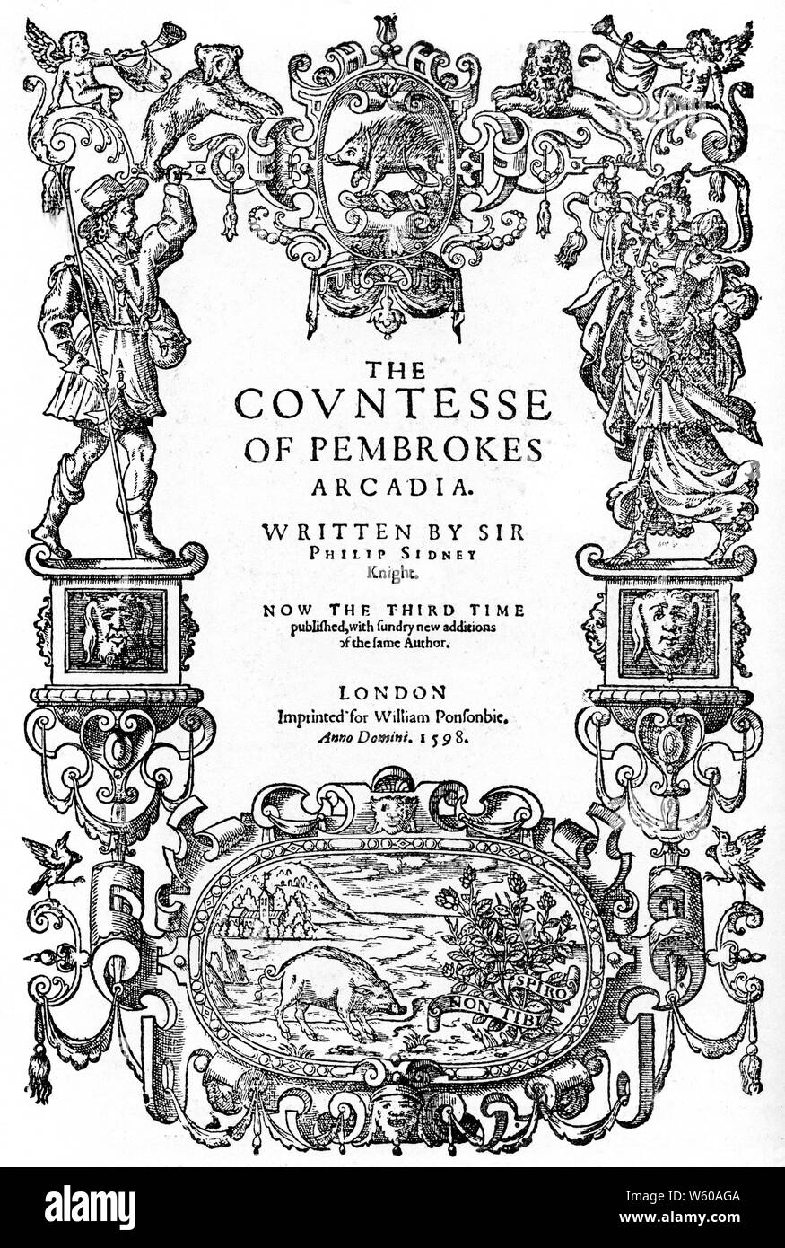 The Countess of Pembroke's Arcadia, by Sir Philip Sidney, 1598. The Title page of the third edition of the Countess of Pembroke's Arcadia, by Sir Philip Sidney (1554-1586), 1598. Stock Photo