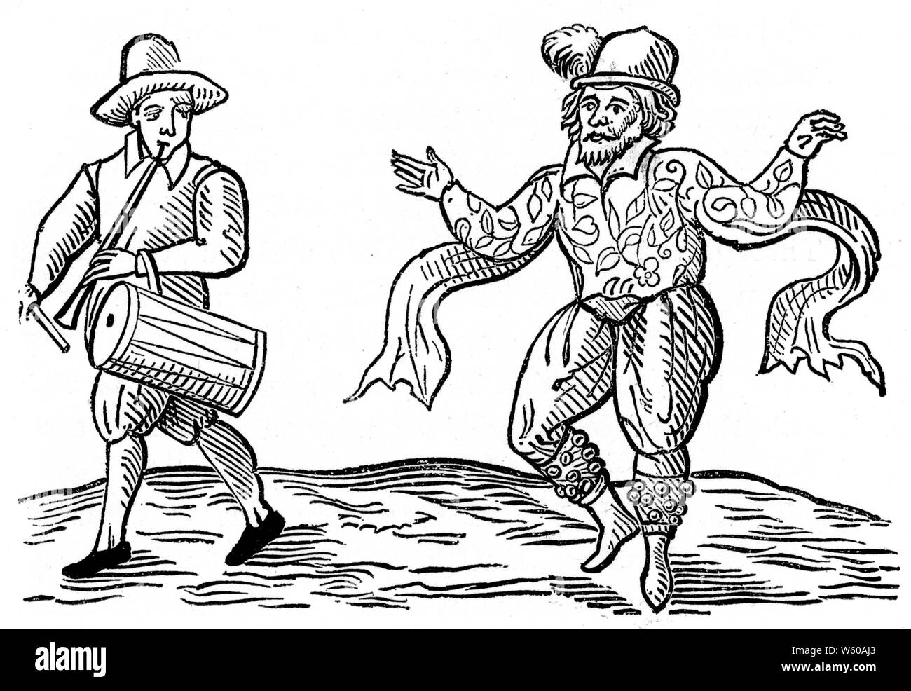William Kemp dancing the Morris, 1600. The frontispiece from Kemps Nine Daies Wonder Performed in a Daunce From London to Norwich. William Kempe (d1603), commonly referred to as Will Kemp, English actor and dancer specialising in comic roles. Best known for having been one of the original players in early dramas by William Shakespeare. Stock Photo
