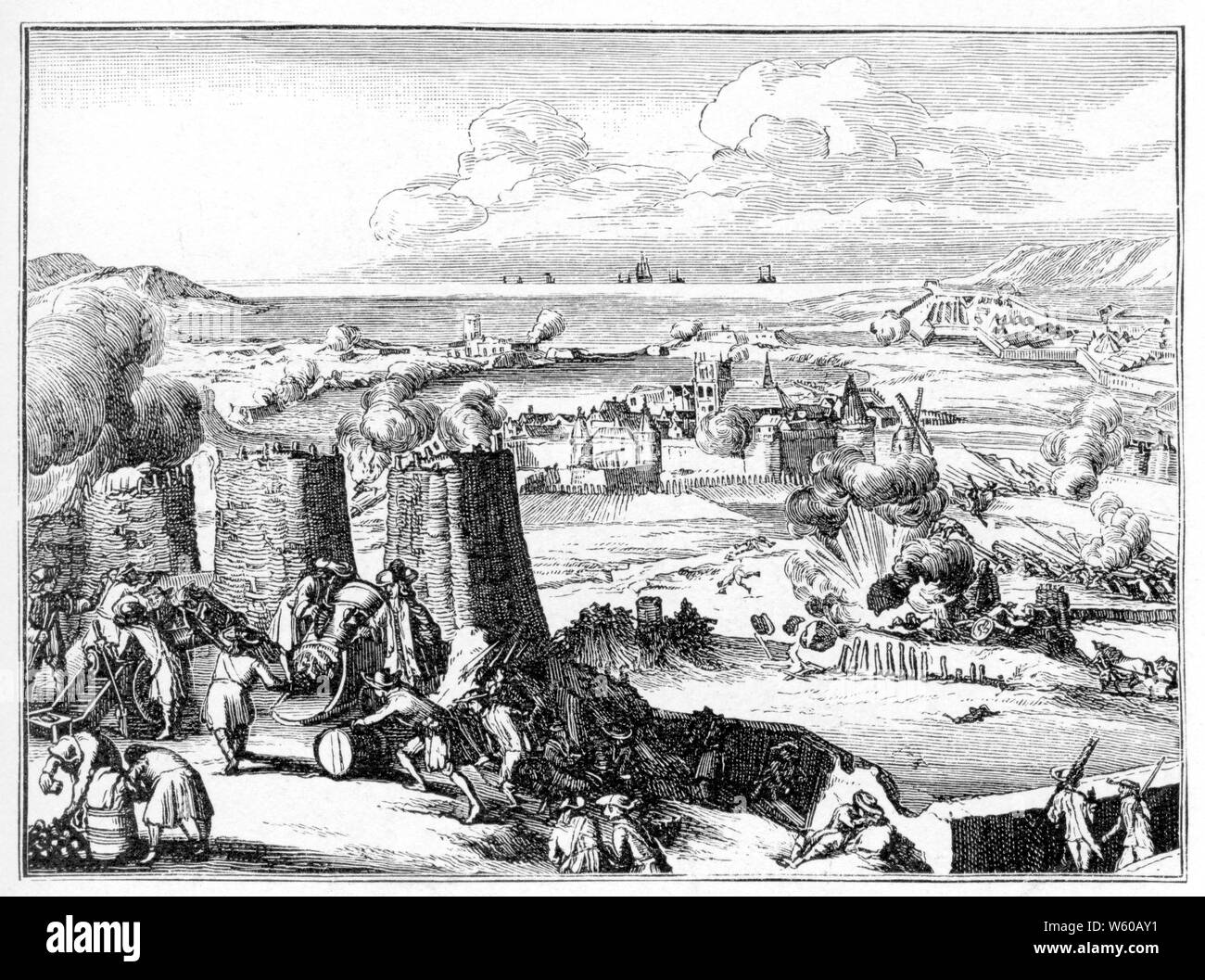 Siege of Londonderry, c1690. The Siege of Derry was the first major event in the Williamite War in Ireland. The siege was preceded by a first attempt against the town by Jacobite forces on 7th December 1688, which had failed. The siege was an act of rebellion against James II. From 'Engelants Schouwtoneel', Amsterdam, 1690. Stock Photo