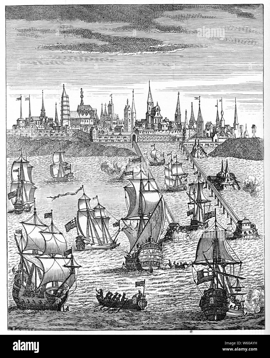 English squadron carrying troops to take possession of Dunkirk. From the 'History of Queen Anne', 1740. Stock Photo