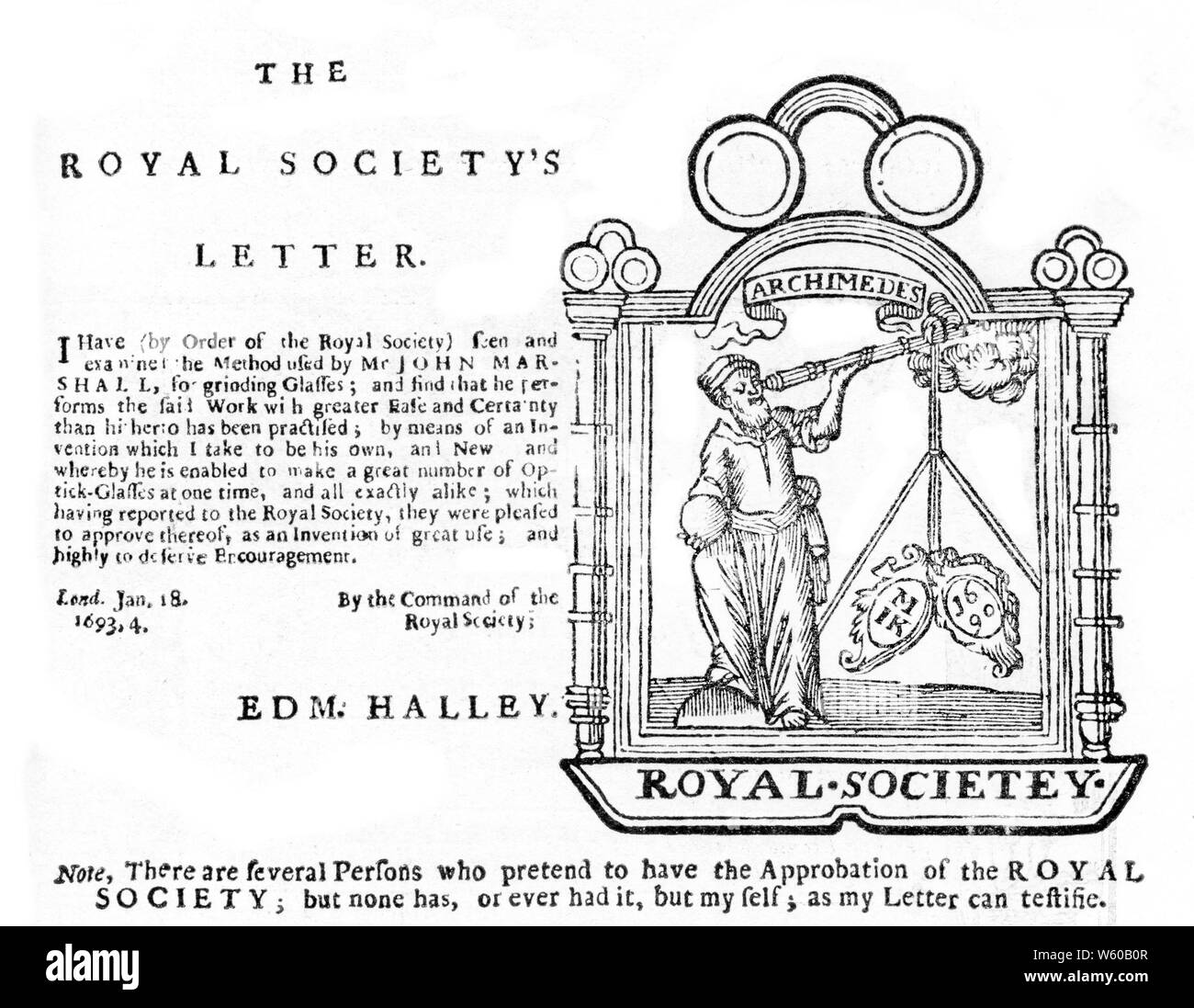 Advertisement of John Marshall, Optician, 1694. With letter of accreditation by the Royal Society signed by Edmond Halley (1656-1742). During the 17th century spectacles became more popular, though they were still mainly for the elderly and could carry negative connotations. Stock Photo
