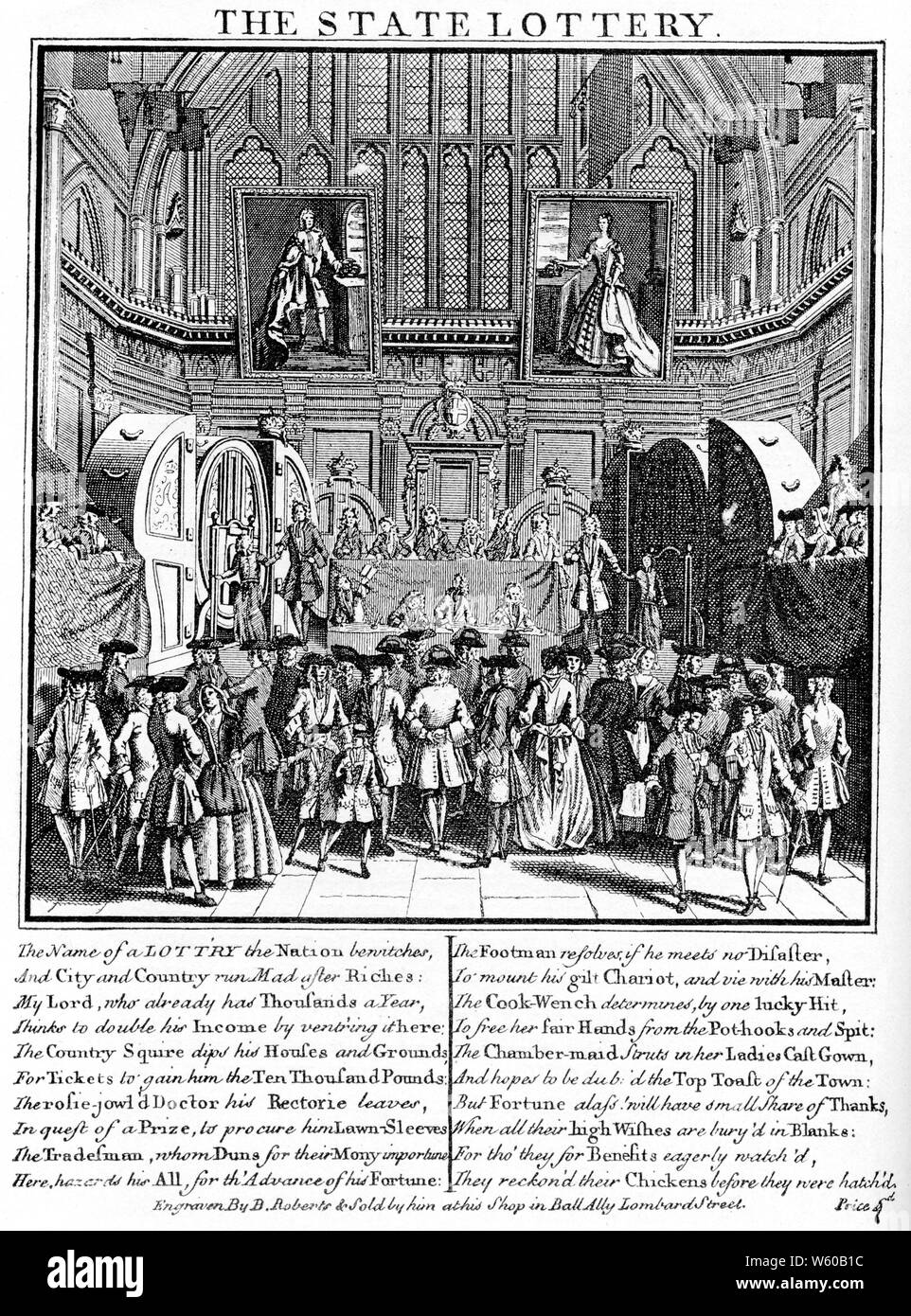 State Lottery, c1730. The interior of the Guildhall, London. Large lottery wheels on either side of a raised stage from which Bluecoat boys from Christ's Hospital are drawing tickets, which are then handed to Commissioners seated at a long table. Stock Photo