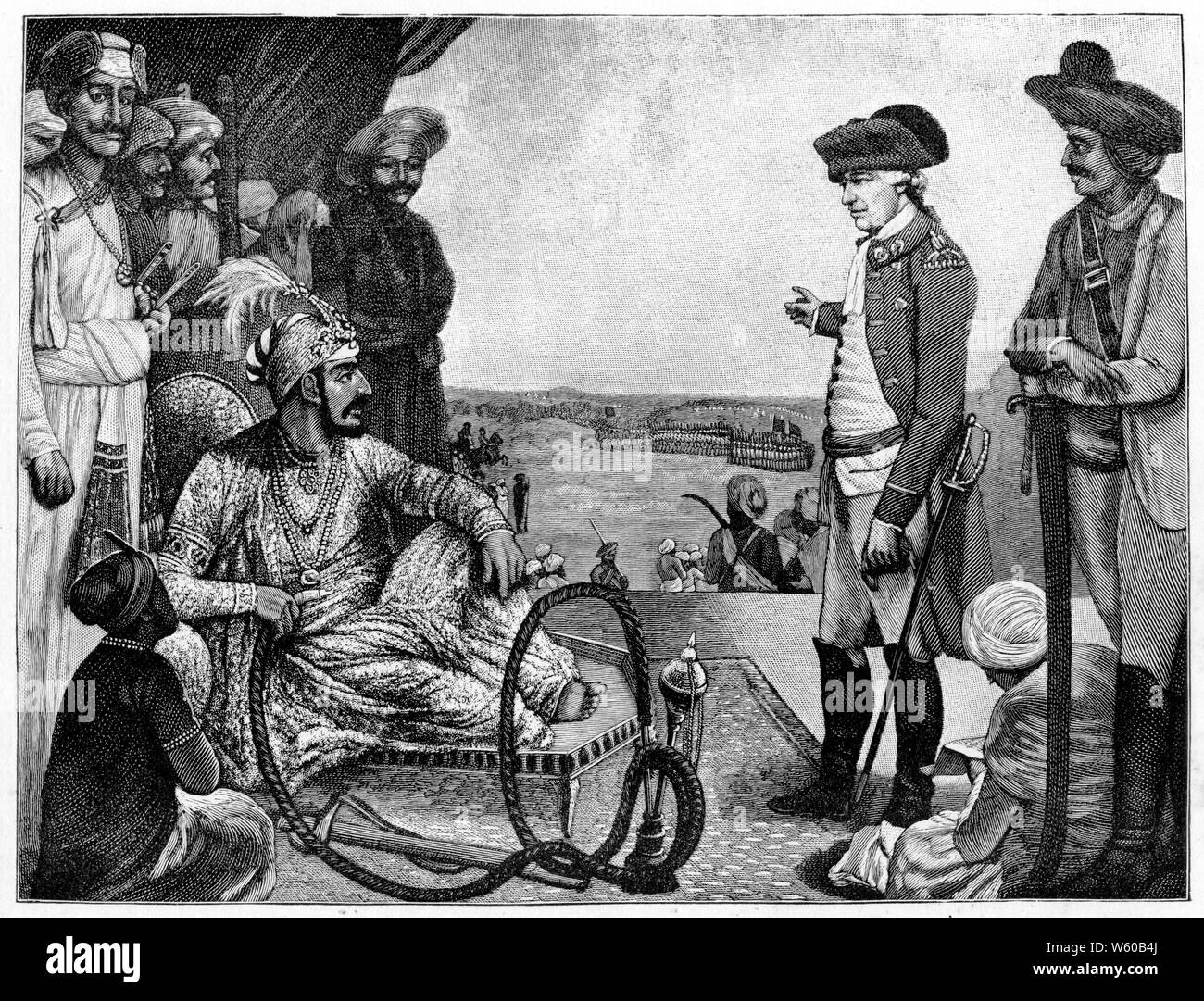Shah Alam, Mughal emperor, reviewing the 3rd brigade of the East India Company's troops at Allahabad, c1781. After Tilly Kettle (1735-1786). The East India Company was formed to trade in the Indian Ocean region, initially with the Moghuls of India and the East Indies, and later with Qing China. Stock Photo