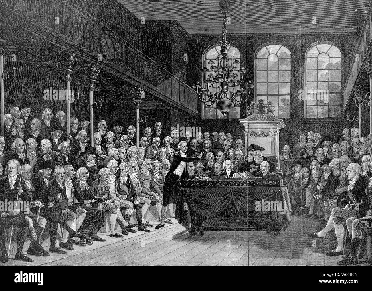The House of Commons, c1794. After Karl Anton Hickel (1745-1798). Here we see Prime Minister William Pitt the Younger (1759-1806) addressing the House of Commons in St Stephen's Chapel, since destroyed by fire. Stock Photo