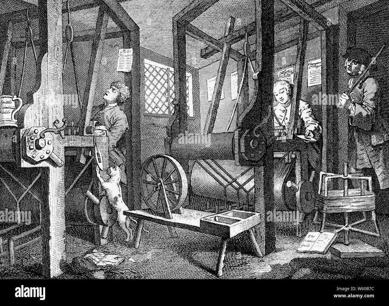 Plate I: The Fellow 'Prentices at their Looms', 1747. By William Hogarth (1697-1764). 'Industry and Idleness' is the title of a series of 12 engravings by William Hogarth, intending to illustrate to working children the possible rewards of hard work and diligence and the sure disasters attending a lack of both. Stock Photo