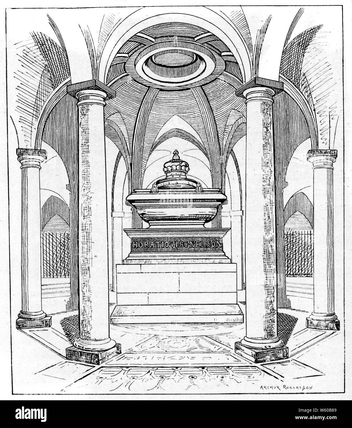 Nelson's monument, in the crypt of St Paul's Cathedral, London, 19th century. By Arthur Robertson. Lord Nelson was killed in the Battle of Trafalgar in 1805 and buried in St Paul's after a state funeral. He was laid to rest in a coffin made from the timber of a French ship he defeated in battle. The black marble sarcophagus that adorns his tomb was originally made for Cardinal Wolsey, Lord Chancellor but after Wolsey's fall from favour, it remained unused at Windsor until a suitable recipient could be found. Nelson's viscount coronet now tops the sarcophagus. Stock Photo