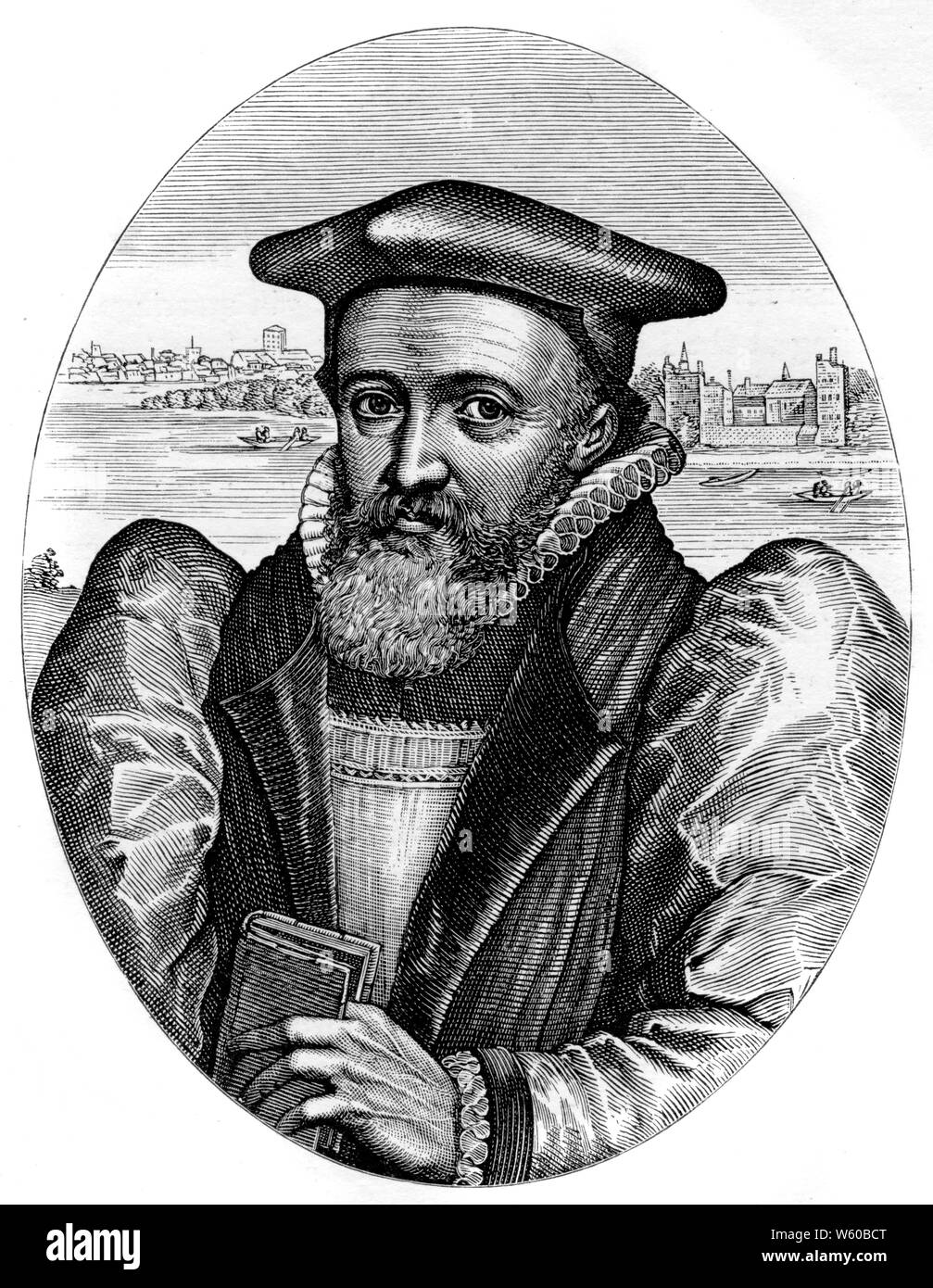 George Abbot, Archbishop of Canterbury, 1616. After Simon va de Passe (1595-1647). George Abbot (1562-1633), Archbishop of Canterbury from 1611 to 1633. Abbot also served as the fourth Chancellor of Trinity College, Dublin, from 1612 to 1633. Abbot is seen here with the River Thames and Lambeth Palace behind him. Stock Photo