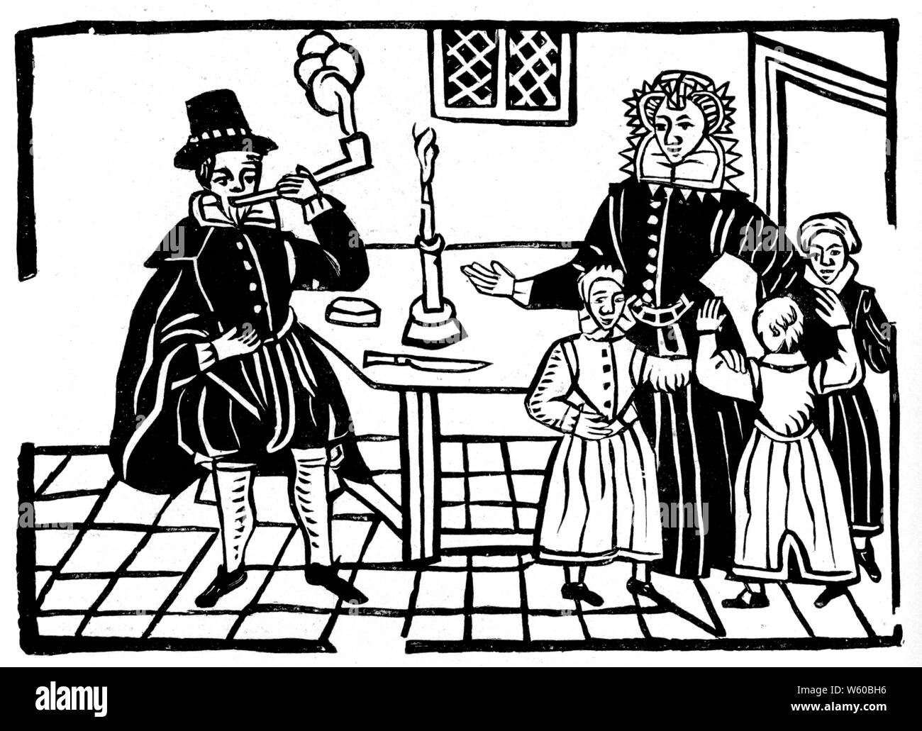 A family group in the time of James VI and I (1566-1625), c1700. Stock Photo