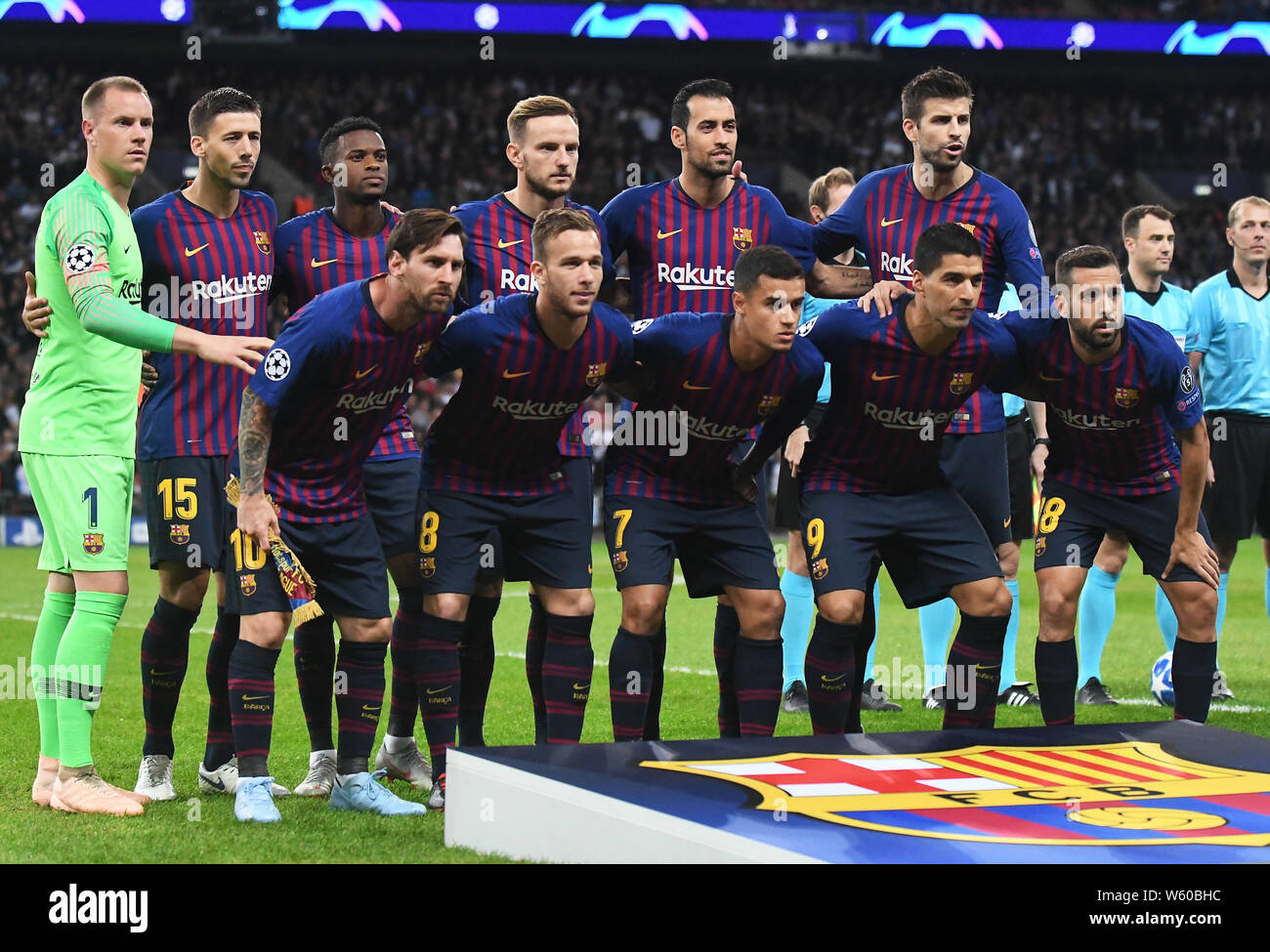LONDON, ENGLAND - OCTOBER 3, 2018: Barcelona lineup pictured prior to the 2018/19 UEFA Champions League Group B game between Tottenham Hotspur (England) and FC Barcelona (Spain) at Wembley Stadium. Stock Photo