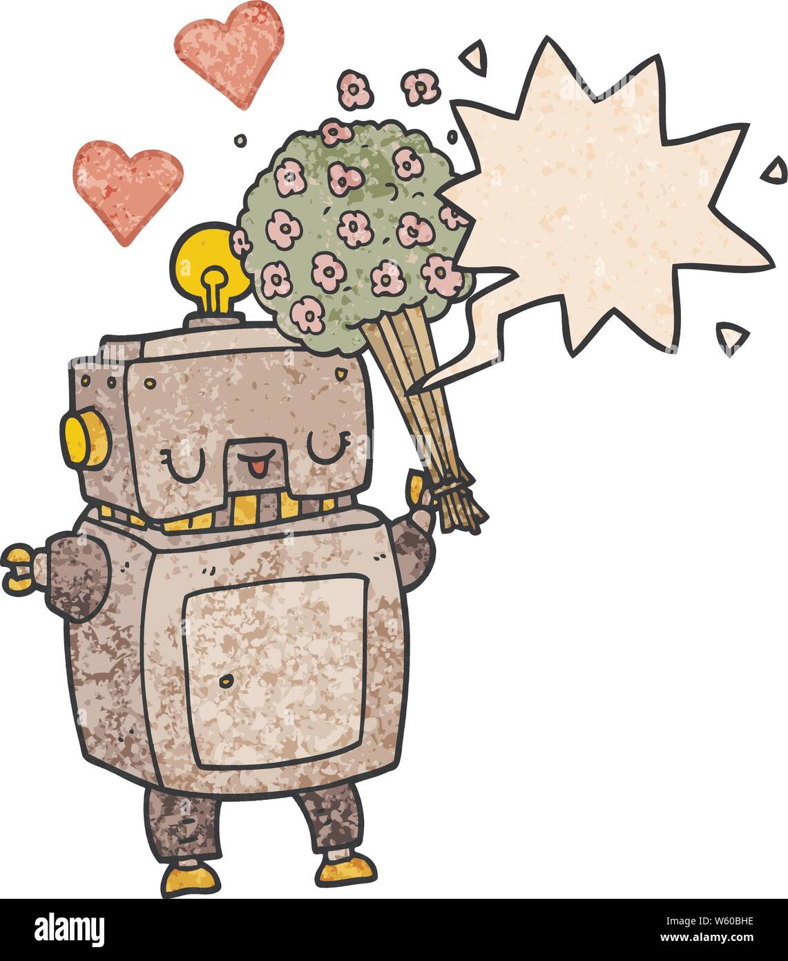 cartoon robot in love with speech bubble in retro texture style Stock ...