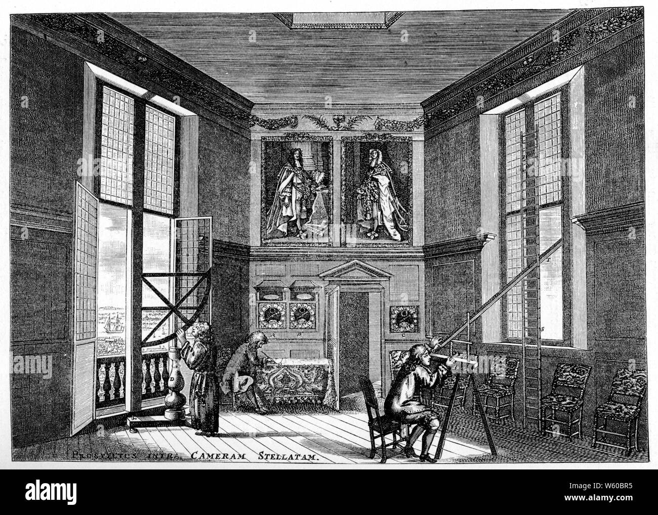 The Octagon Room at the Royal Observatory, Greenwich, London, c1676. By Francis Place (1647-1728) after Robert Thacker. The Tompion clocks can be seen in the centre. The quadrant on the left is shown looking northwards; it could be wheeled from window to window and was probably the one used by John Flamsteed (1646-1719) for his equal altitude measurements. Stock Photo