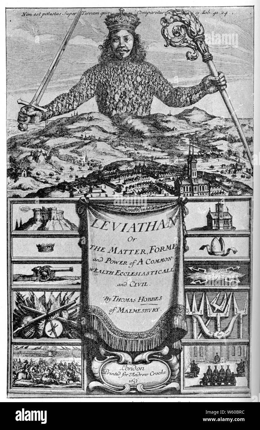 Title page of Hobbes's Leviathan, 1651. Leviathan or The Matter, Forme and Power of a Common-Wealth Ecclesiasticall and Civil, commonly referred to as Leviathan, written by Thomas Hobbes (1588–1679) and published in 1651. Stock Photo