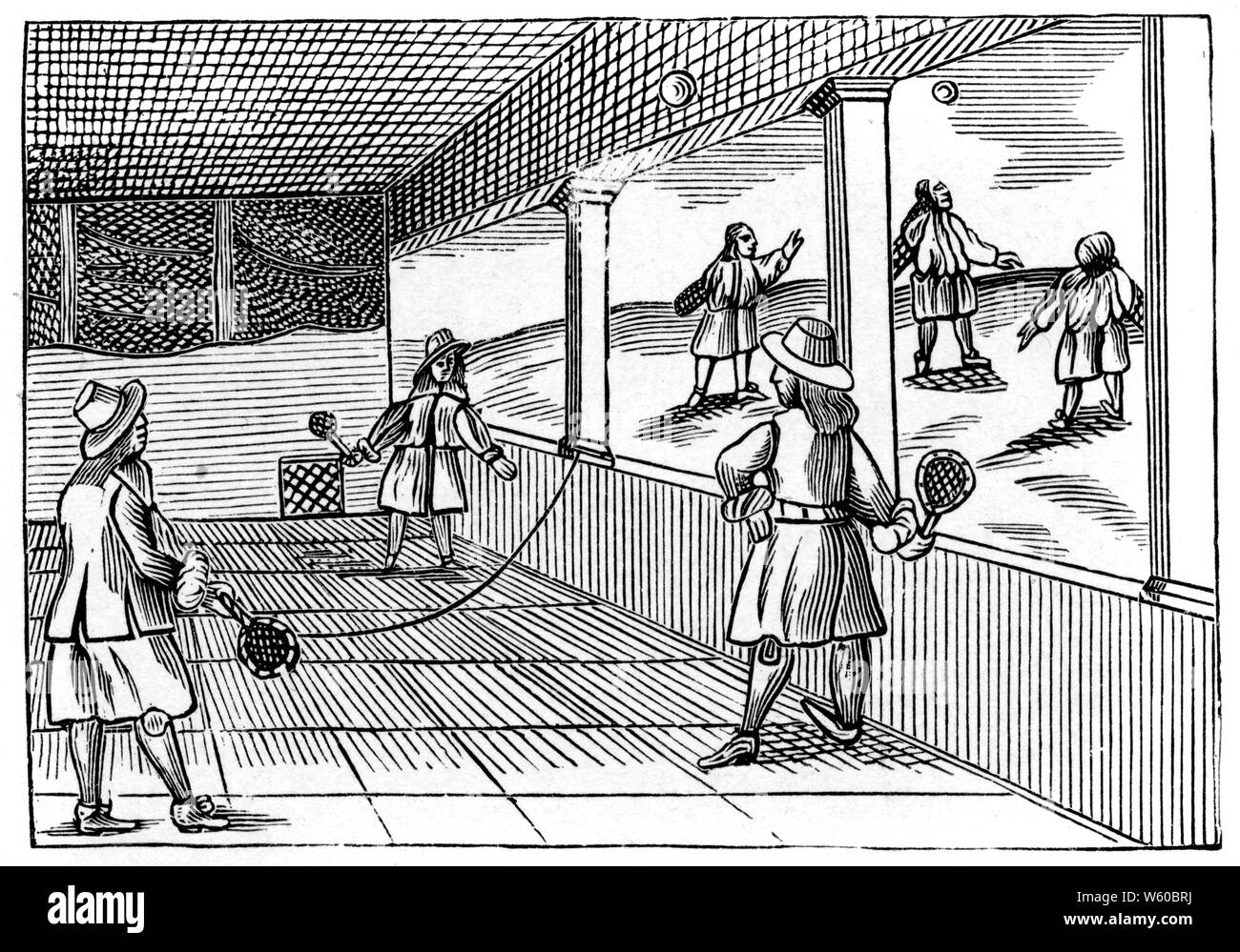 A game of tennis, 1659. Real tennis is the original racquet sport from which the modern game of tennis is derived. It is also known as court tennis in the United States, formerly royal tennis in England and Australia and courte-paume in France. The game thrived among the 17th century nobility of France, Spain, Italy, the Netherlands, and the Habsburg Empire. Stock Photo