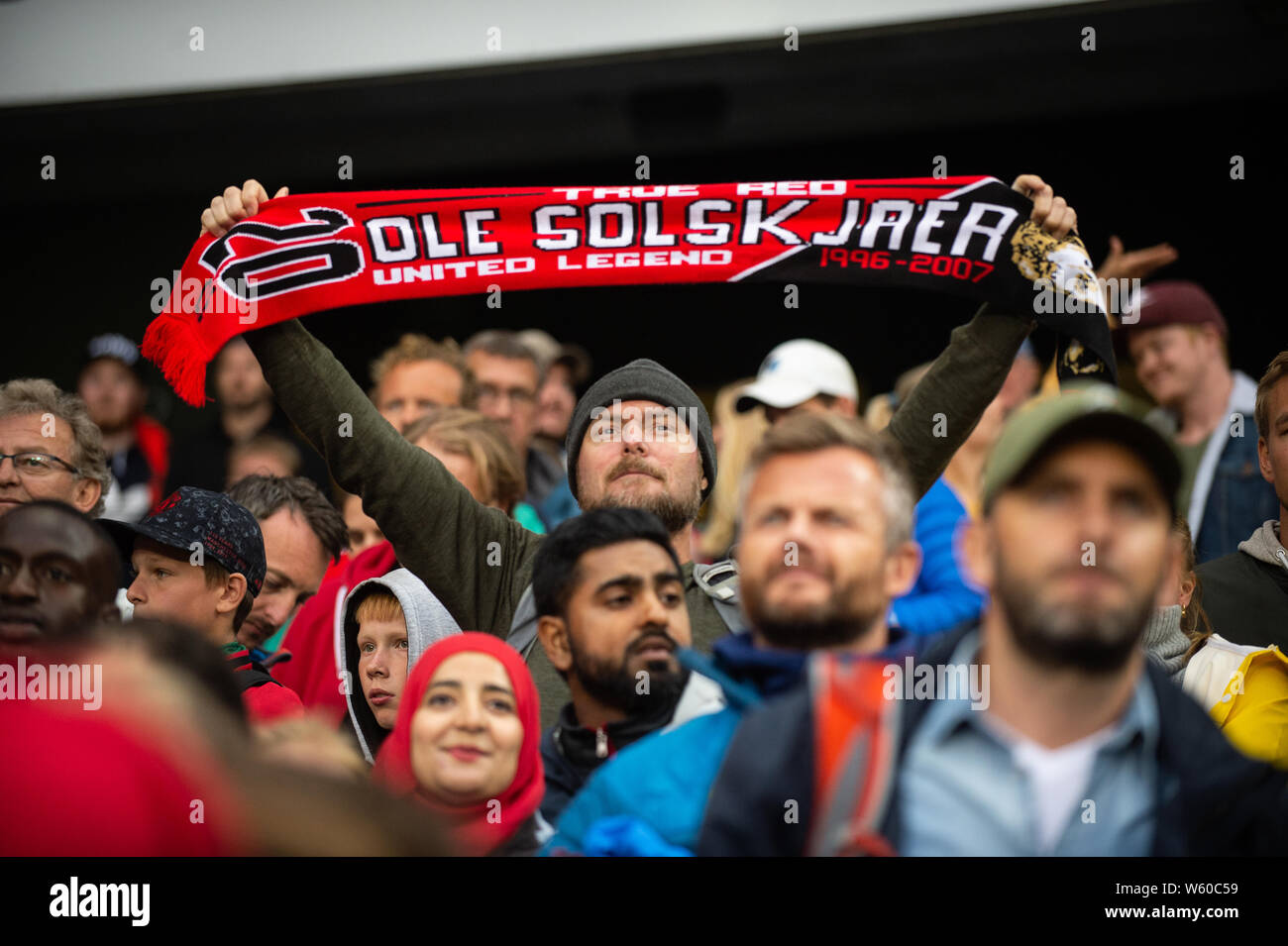 Oslo, Norway. 30th July, 2019. Oslo, Norway. July 30th 2019. A Ole Gunnar Solskjær fan seen on the stands during the football friendly between Kristiansund BK vs Manchester United at Ullevaal Stadion in Oslo. (Photo Credit: Gonzales Photo/Alamy Live News Stock Photo