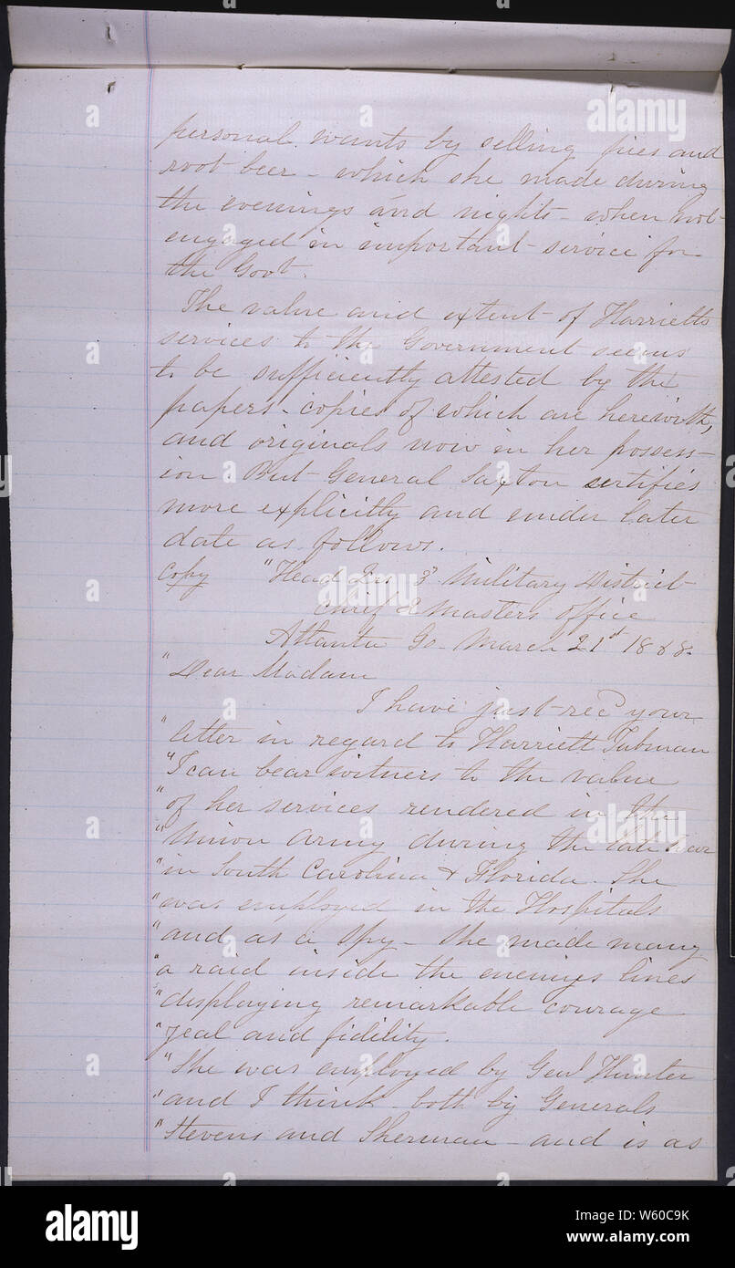 A history concerning the pension claim of Harriet Tubman written by Charles Wood, 06/01/1888 Stock Photo