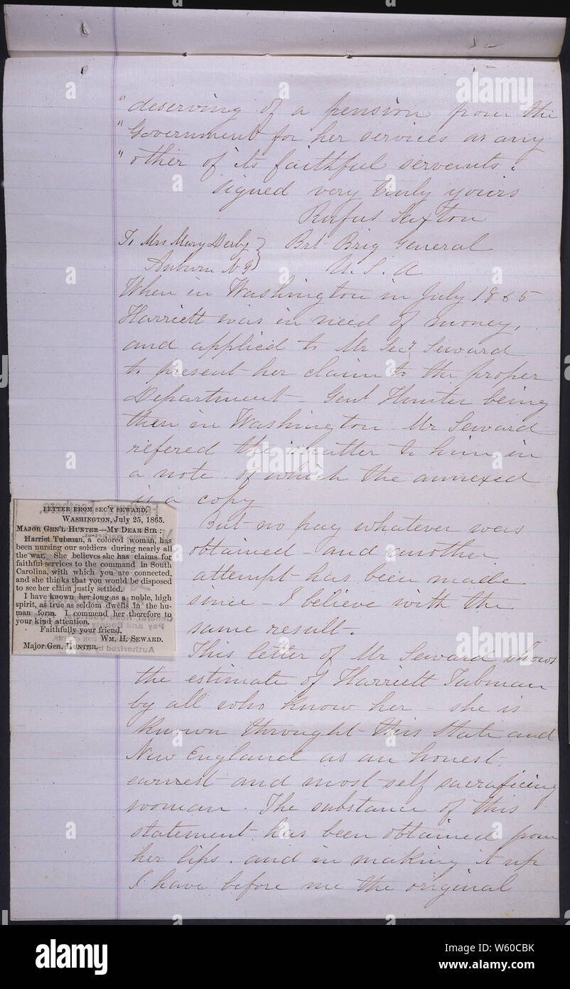 A history concerning the pension claim of Harriet Tubman written by Charles Wood, 06/01/1888 Stock Photo