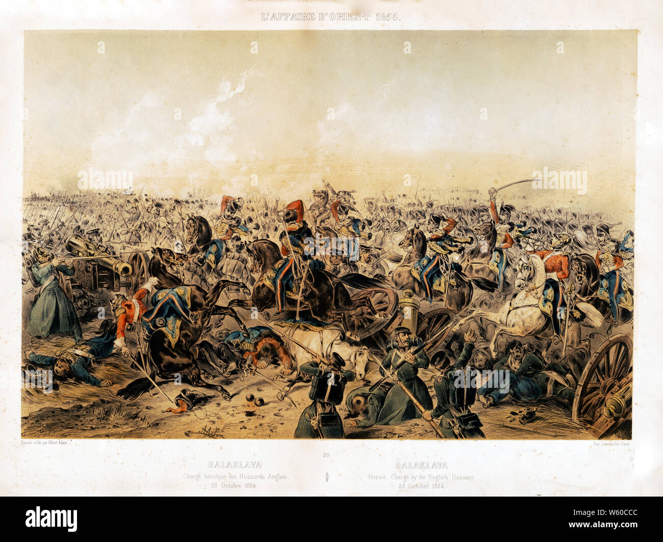 Print shows a vastly outnumbered British Light Brigade cavalry engaging Russian soldiers at the artillery battery at the end of the valley during the disasterous charge of Light Brigade at Balaklava, Ukraine, during the Crimean War. Stock Photo