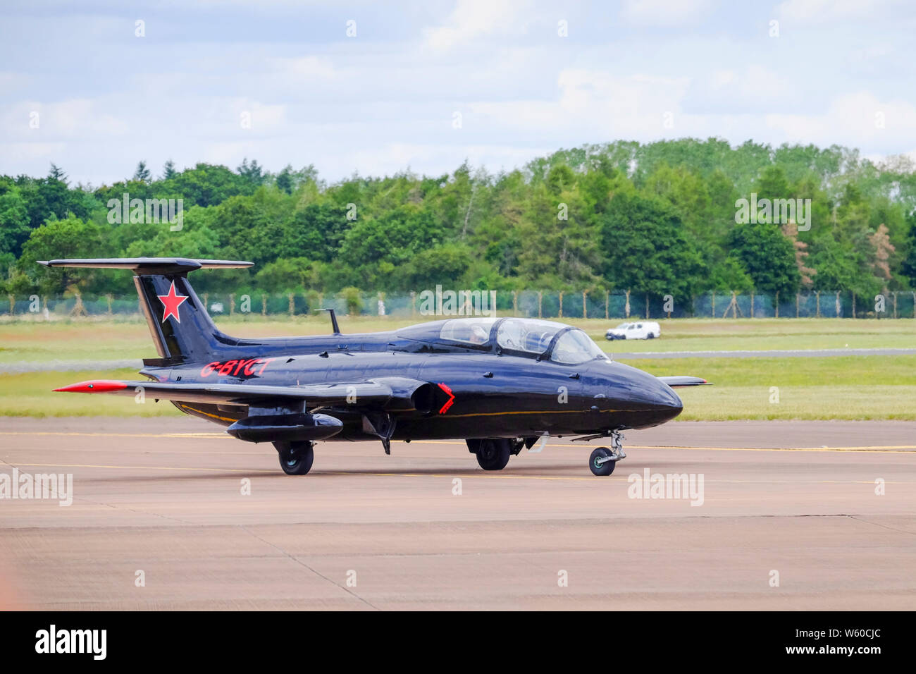 An Aero L-39 albatross  arrives at RAF Fairford, Gloucestershire. Made by Aero Vodochody Stock Photo