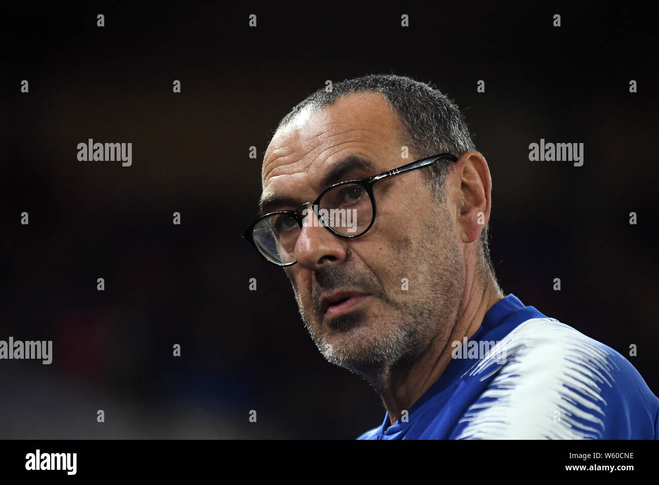 LONDON, ENGLAND - OCTOBER 4, 2018: Chelsea manager Maurizio Sarri pictured prior to the 2018/19 UEFA Europa League Group L game between Chelsea FC (England) and MOL Vidi FC (Hungary) at Stamford Bridge. Stock Photo