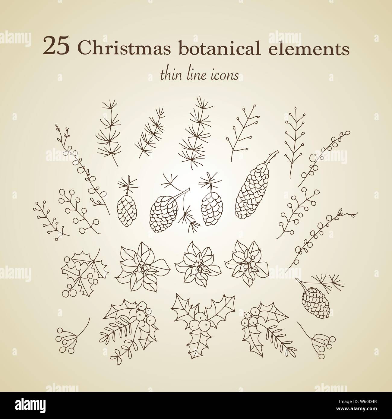 Set of 25 Christmas botanical symbols. Thin line vector icons. Xmas ...