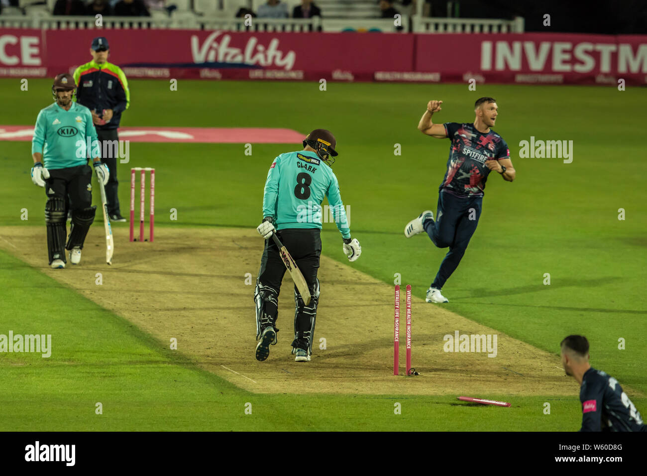 London, UK. 30 July, 2019. Jordan Clark is bowled by Hardus Viljoen as Surrey take on Kent in the Vitality T20 Blast match at the Kia Oval. David Rowe/Alamy Live News Stock Photo