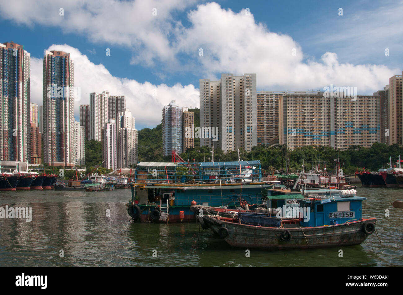 Fishing vessels moored at Aberdeen harbour on Hong Kong Island, China Stock Photo
