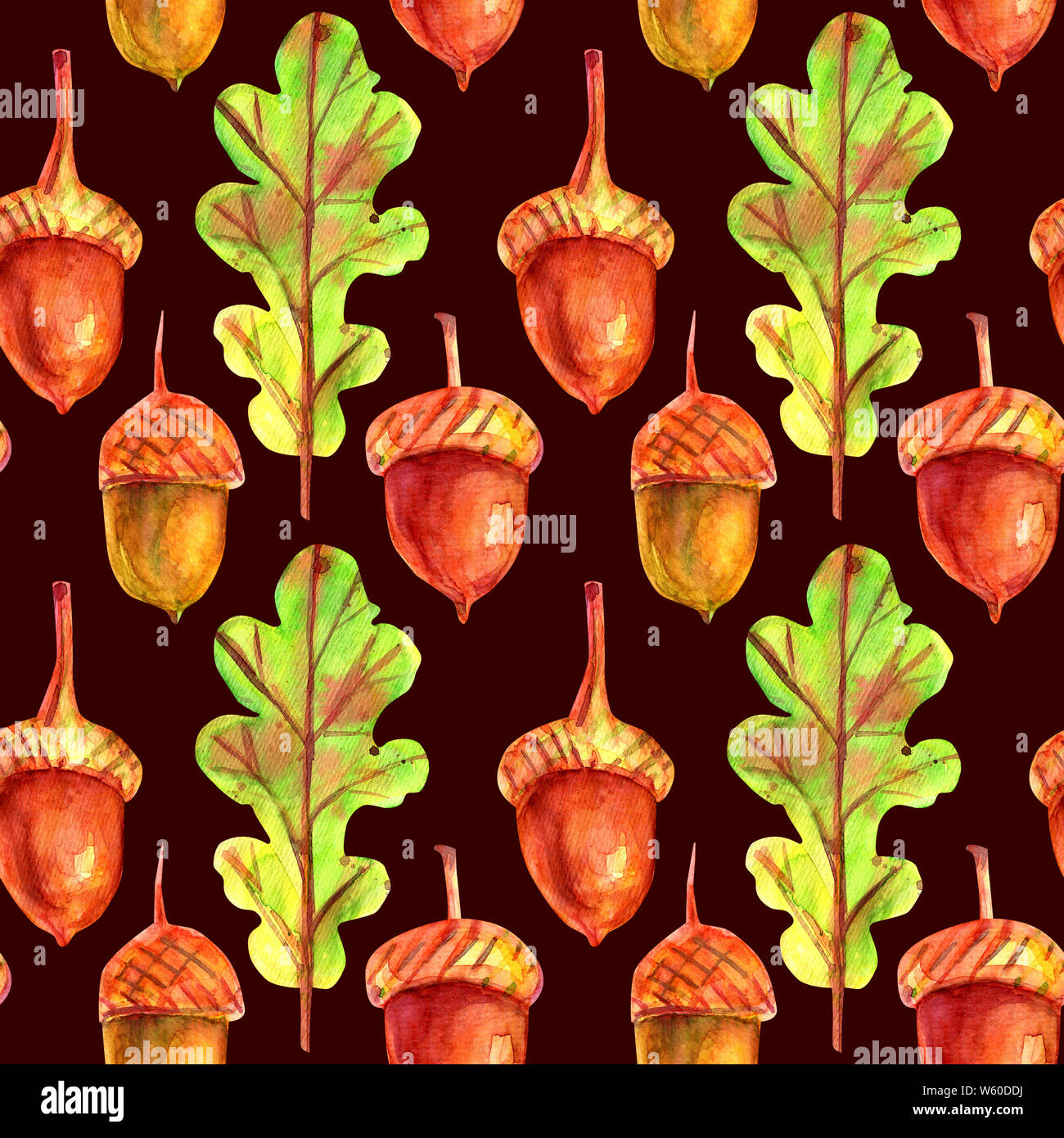 Seamless pattern with oak leaves and acorns. Watercolor autumn green ...