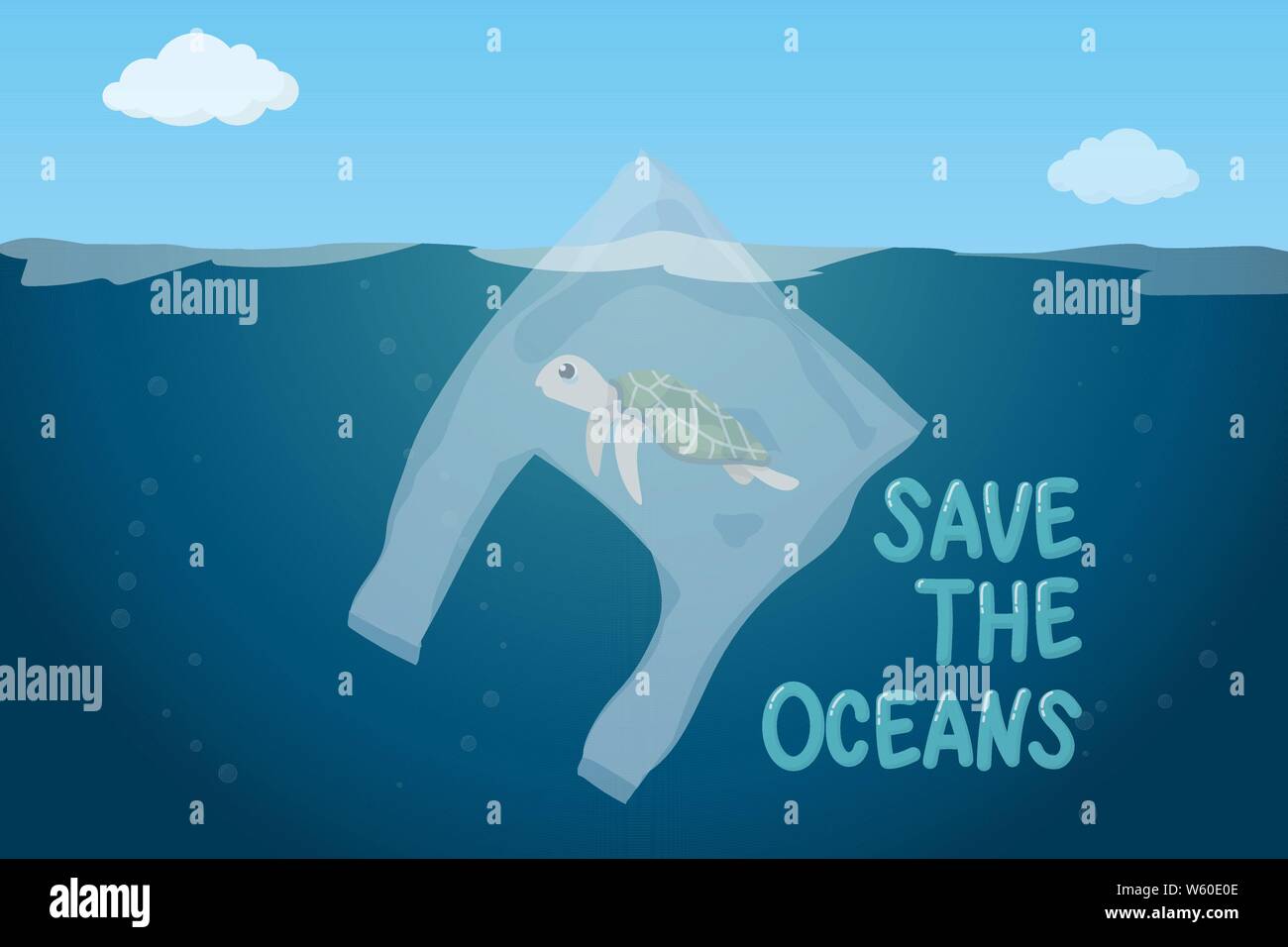 plastic pollution in ocean environmental problem concept.  poor turtle swim inside plastic bag floating in the ocean Stock Vector