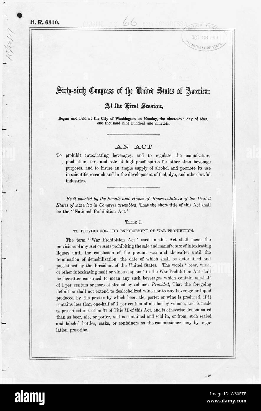 Act of October 28, 1919 [Volstead Act]; Scope and content:  The Volstead Act implemented and provided an enforcement apparatus for the Eighteenth Amendment, which forbade the manufacture, transportation, and sale of intoxicating beverages. Circumvention of the law led to bootlegging and the rise of organized crime. General notes:  The text of all federal laws is published in the U.S. Statutes at Large, a multivolume publication at libraries nationwide. The Volstead Act is found in volume 41 of Statutes at Large, pp. 305-323 (41 Stat. 305). Exhibit History: The Written Word Endures, April 1976 Stock Photo