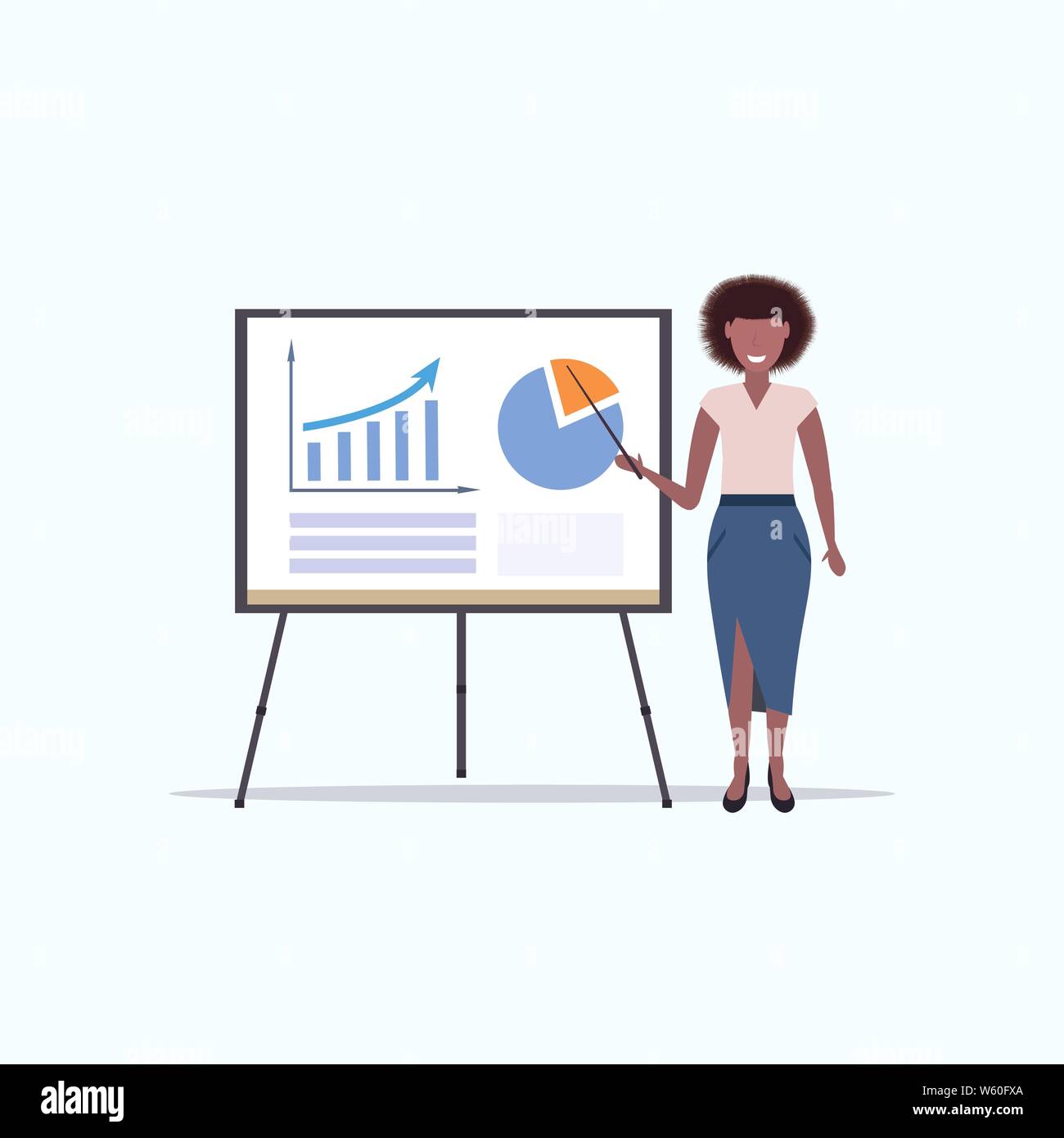 businesswoman presenting financial graph on flip chart african american business woman making presentation concept flat full length Stock Vector