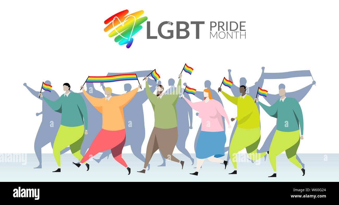 LGBT pride month concept. parade participant waves a gay rainbow flag in hand at LGBT gay pride parade festival on street, isolated on white backgroun Stock Vector