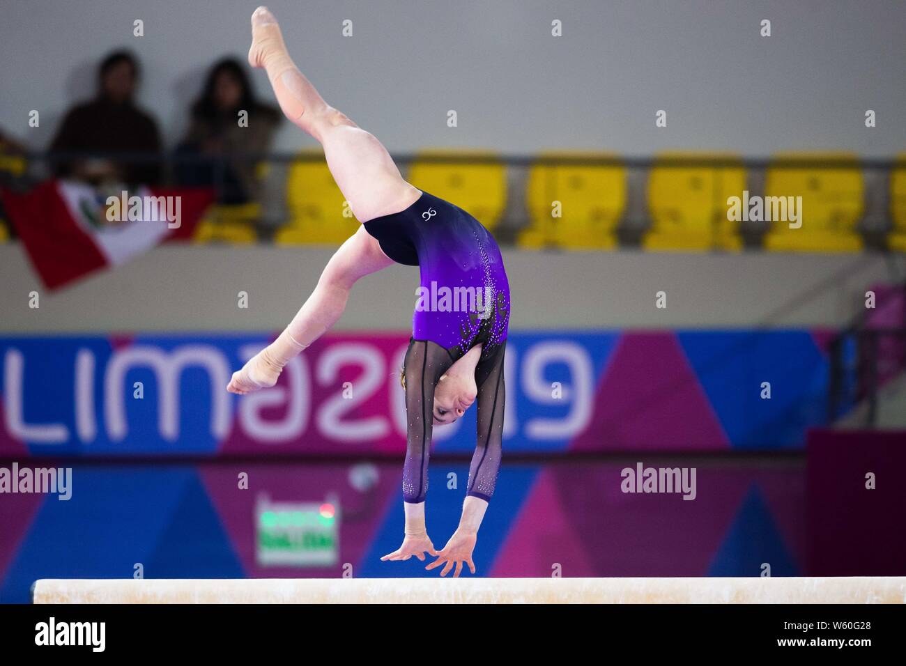 July 29, 2019: Simona Castro (#19) of Chile performs on the beam during the Pan American Games Artistic Gymnastics Women's All Around final at Polideportivo Villa el Salvador in Lima, Peru Daniel Lea/CSM Stock Photo
