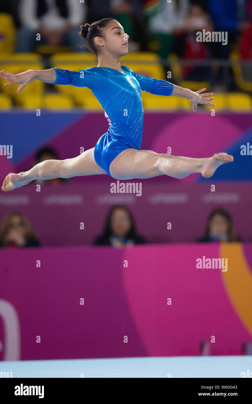 July 29, 2019: Maria Perez (#21) of Chile performs in her floor routine during the Pan American Games Artistic Gymnastics Women's All Around final at Polideportivo Villa el Salvador in Lima, Peru Daniel Lea/CSM Stock Photo