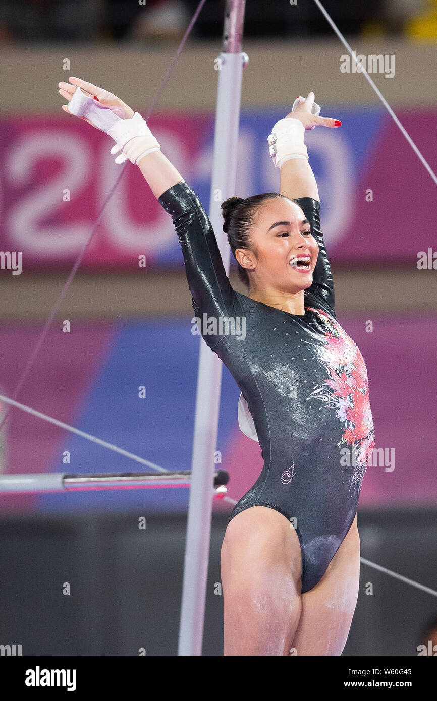 July 29, 2019: Victoria Woo (#17) of Canada salutes after her uneven bars routine during the Pan American Games Artistic Gymnastics Women's All Around final at Polideportivo Villa el Salvador in Lima, Peru Daniel Lea/CSM Stock Photo
