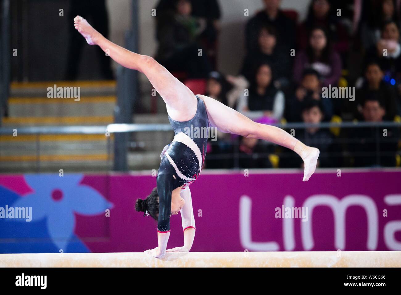 July 29, 2019: Ariana Orrego (#47) of Peru performs on the beam during the Pan American Games Artistic Gymnastics Women's All Around final at Polideportivo Villa el Salvador in Lima, Peru Daniel Lea/CSM Stock Photo